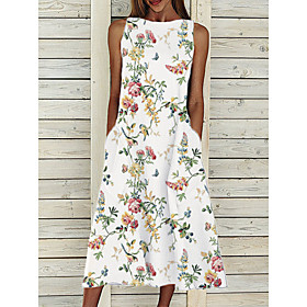 Women's A Line Dress Midi Dress White Sleeveless Floral Pocket Print Spring Summer Round Neck Elegant Casual 2021 S M L XL XXL XXXL