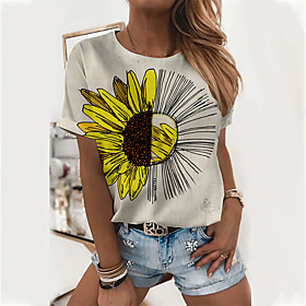 Women's Floral Theme Painting T shirt Floral Sunflower Print Round Neck Basic Tops Yellow Green Gray