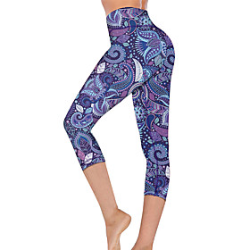 21Grams Women's High Waist Yoga Pants Capri Leggings Tummy Control Butt Lift Breathable Paisley Purple Fitness Gym Workout Running Summer Sports Activewear Hig