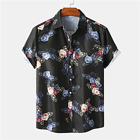 Men's Shirt Floral Button-Down Short Sleeve Casual Tops Casual Fashion Hawaiian Breathable Black