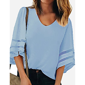 Women's Blouse Shirt Solid Colored Long Sleeve V Neck Tops Loose Wine White Blue
