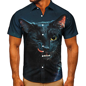 Men's Shirt 3D Print Cat Graphic Prints Button-Down Short Sleeve Street Tops Casual Fashion Classic Breathable Navy Blue