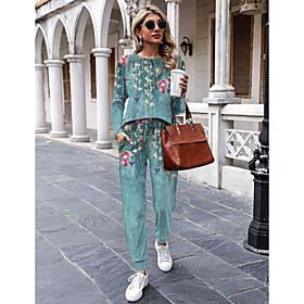 Women Basic Streetwear Floral Painting Holiday Vacation Two Piece Set Tracksuit T shirt Pant Loungewear Drawstring Print Tops