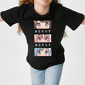 Kids Girls' T shirt Tee Short Sleeve Anime Cartoon Graphic Print White Black Cotton Children Tops Summer Basic School Daily Wear