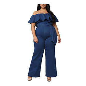 Women's Plus Size Jumpsuit Pure Color Solid Color Casual / Daily Denim Blue XL 2XL 3XL 4XL