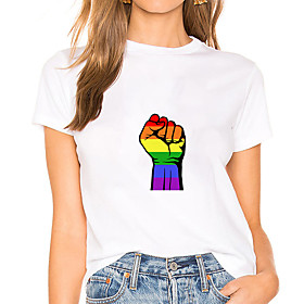 Women's Painting T shirt Rainbow Graphic Print Round Neck Basic LGBT Pride Tops White