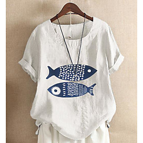 Women's Plus Size Tops Blouse Shirt Fish Short Sleeve Round Neck Spring Summer Light Blue White Big Size L XL 2XL 3XL 4XL