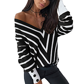 Women's Sweater Stripes Long Sleeve Sweater Cardigans V Neck White Black Apricot