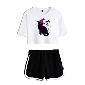 Women Basic Streetwear Cat Casual Vacation Two Piece Set Tracksuit T shirt Loungewear Shorts Jogger Pants Drawstring Print Tops