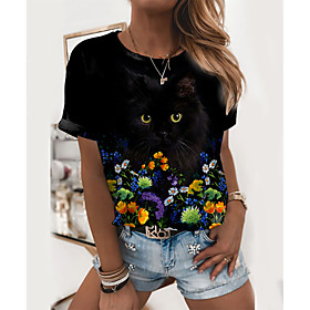 Women's Floral Theme 3D Cat Painting T shirt Floral Cat 3D Print Round Neck Basic Tops Black