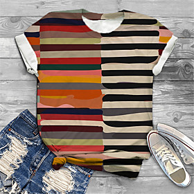Women's Plus Size Tops T shirt Striped Graphic Geometry Print Short Sleeve Crewneck Basic Rainbow Black Big Size XL XXL 3XL 4XL 5XL / Holiday