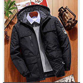 Men's Parka Letter Patchwork Casual Fall Winter Outerwear Regular Coat Daily Jacket Blue