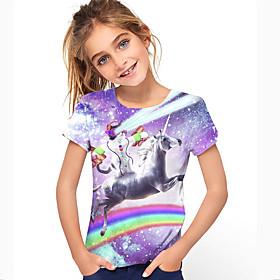 Kids Girls' T shirt Short Sleeve Cat Unicorn 3D Print Animal Purple Children Tops Summer Active Daily Wear Regular Fit 4-12 Years