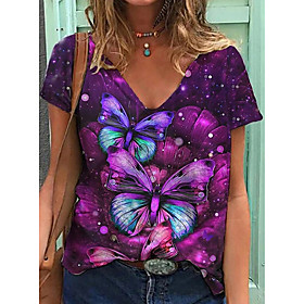 Women's Abstract Butterfly Painting T shirt Butterfly Heart Print V Neck Basic Tops Cotton Blue Purple Red
