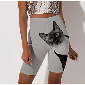 Women's Stylish Athleisure Breathable Soft Beach Fitness Biker Shorts Pants Cat Animal Knee Length Print Gray