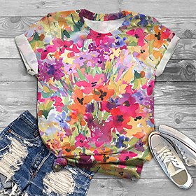 Women's Plus Size Tops T shirt Floral Graphic Print Short Sleeve Crewneck Basic Summer Rainbow Big Size XL XXL 3XL 4XL 5XL