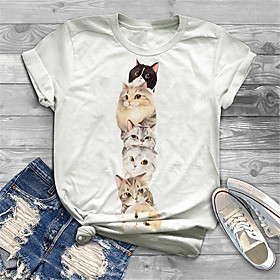 Women's Plus Size Tops T shirt Cat Graphic Animal Print Short Sleeve Crewneck Basic Yellow White Big Size XL XXL 3XL 4XL 5XL / Holiday