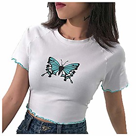 women's t-shirt round neck short sleeve tops butterfly print casual slim streetwear ladies crop stretch top white