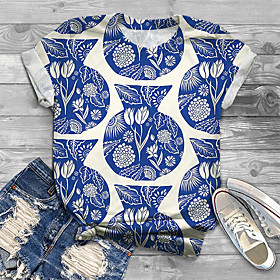 Women's Plus Size Tops T shirt Floral Graphic Print Short Sleeve Crewneck Basic Summer Blue Big Size XL XXL 3XL 4XL 5XL