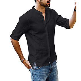 Men's Shirt Solid Colored Button-Down Half Sleeve Casual Tops Linen Casual Fashion Breathable Comfortable Standing Collar Black Khaki Gray