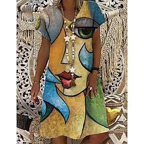 Women's T Shirt Dress Tee Dress Knee Length Dress Multicolor_1 Short Sleeve Abstract Print Spring V Neck Elegant 2021 S M L XL XXL 3XL