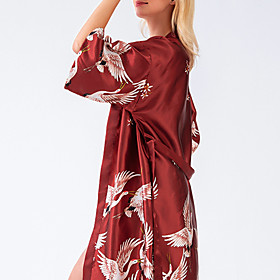 Women's Lace up Print Robes Satin  Silk Nightwear - Silk Floral Solid Colored Blushing Pink / Wine / Gray M L XL / Deep V