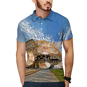 Men's Golf Shirt Tennis Shirt 3D Print Cat Building Animal Button-Down Short Sleeve Casual Tops Casual Fashion Breathable Blue / Sports