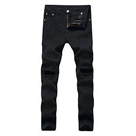 Men's Chino Ripped Casual Daily Straight Jeans Pants Solid Colored Full Length Pocket Red Black Light Blue