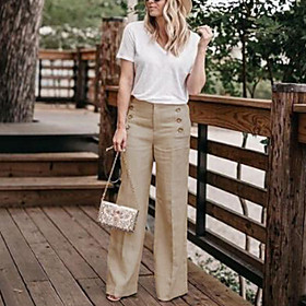 Women's Basic Chic  Modern Lightweight Linen / Cotton Blend Causal Daily Straight Culottes Wide Leg Sailor Pants Pants Solid Colored Zipper Side Button Khaki G