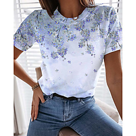 Women's Floral Theme Painting T shirt Floral Plants Print Round Neck Basic Tops Blue