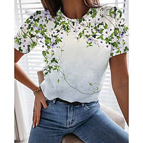 Women's Floral Theme Painting T shirt Floral Graphic Print Round Neck Basic Tops Green