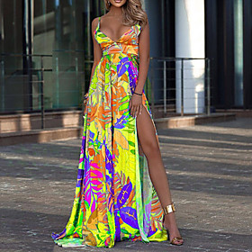 Women's Swing Dress Maxi long Dress Yellow Rainbow Red Sleeveless Print Split Summer V Neck Casual Holiday 2021 S M L XL