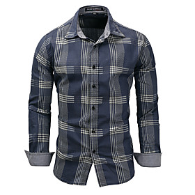 Men's Shirt Plaid Button-Down Long Sleeve Street Tops Cotton Business Casual Comfortable Blue