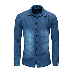 Men's Shirt Tartan Button-Down Long Sleeve Casual Tops 100% Cotton Lightweight Casual Fashion Breathable Blue