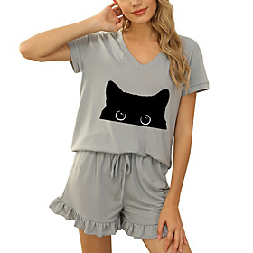 Women Basic Cat Casual / Daily Two Piece Set Tracksuit T shirt Pant Loungewear Drawstring Print Tops