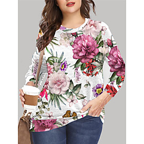 Women's Plus Size Tops Pullover Sweatshirt Floral Graphic Print Long Sleeve Crewneck Basic Blue Red Big Size XL XXL 3XL 4XL 5XL
