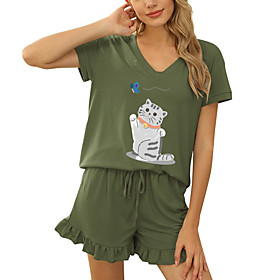 Women Basic Streetwear Cat Casual Vacation Two Piece Set Tracksuit T shirt Loungewear Shorts Jogger Pants Drawstring Print Tops