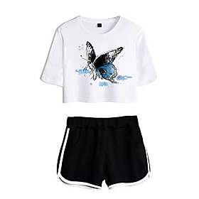 Women Basic Streetwear Butterfly Casual Vacation Two Piece Set Tracksuit T shirt Loungewear Shorts Jogger Pants Drawstring Print Tops