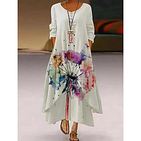 Women's Swing Dress Maxi long Dress White Long Sleeve Flower / Floral Spring Summer Casual / Daily 2021 S M L XL XXL XXXL 4XL