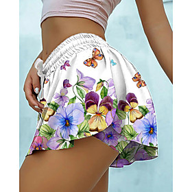 Women's Fashion Casual / Sporty Comfort Loose Beach Fitness Active Skort Pants Butterfly Flower / Floral Graphic Prints Short 2 in 1 Layered Ruffle Print White