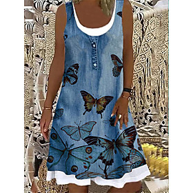 Women's A Line Dress Knee Length Dress Blue Sleeveless Print Animal Print Summer Boat Neck Elegant Casual Holiday 2021 S M L XL XXL 3XL