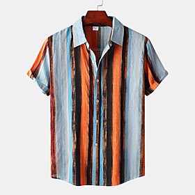 Men's Shirt Striped Button-Down Short Sleeve Street Tops Cotton Casual Hawaiian Comfortable Orange