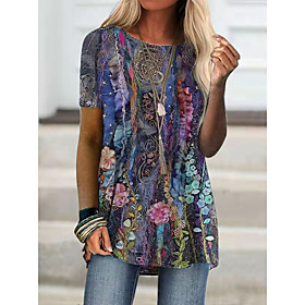 Women's Holiday Floral Theme T shirt Floral Graphic Print Round Neck Basic Tops Purple Yellow Light Purple