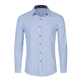 Men's Shirt Striped Button-Down Long Sleeve Casual Tops 100% Cotton Lightweight Casual Fashion Breathable Light Blue