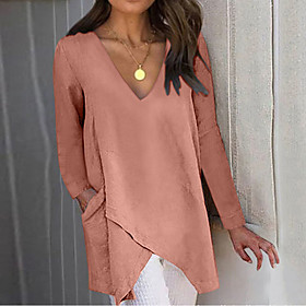 Women's Blouse Shirt Plain Long Sleeve Pocket Asymmetric V Neck Basic Streetwear Tops Green Orange