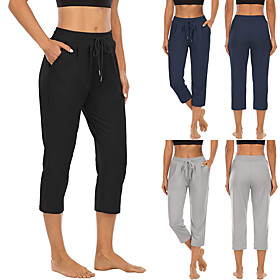 Women's High Waist Yoga Pants Drawstring Pocket Capris Bottoms Quick Dry Moisture Wicking Solid Color Light Grey Dark Navy Black Yoga Fitness Gym Workout Summe