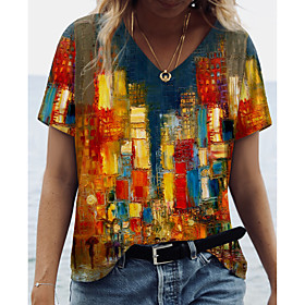 Women's Abstract 3D Printed Painting T shirt Scenery 3D Print V Neck Basic Tops Yellow