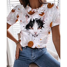 Women's 3D Cat Painting T shirt Cat Graphic 3D Print Round Neck Basic Tops White
