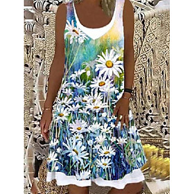 Women's A Line Dress Knee Length Dress Blue Sleeveless Pattern Summer Casual 2021 S M L XL XXL / Cotton / Cotton