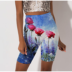 Women's Stylish Athleisure Breathable Soft Beach Fitness Biker Shorts Pants Flower / Floral Graphic Prints Knee Length Print Blue